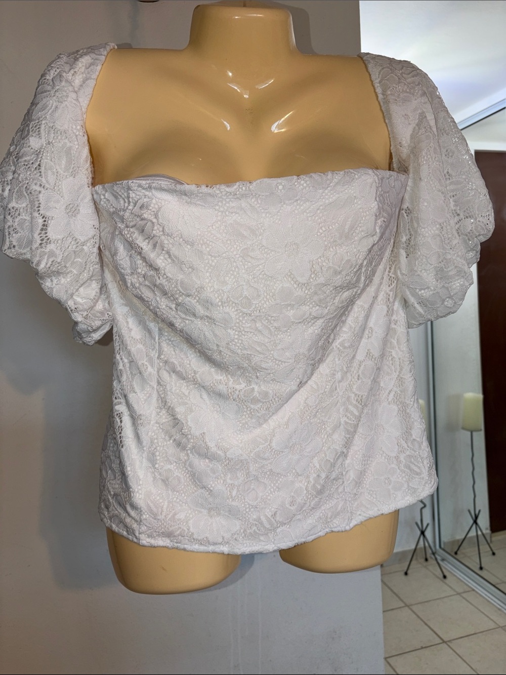 New York & Company White Lace Puff Sleeve Square Neck Top